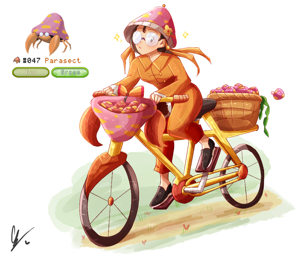 1girl bicycle black_footwear closed_mouth endifi game_freak gen_1_pokemon glasses jacket long_sleeves mushroom mushroom_hat nintendo orange_jacket orange_pants pants parasect personification pokemon pokemon_(creature) reference_inset riding riding_bicycle round_eyewear sparkle white_background