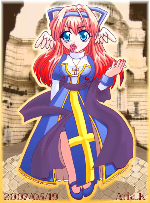 1girl alternate_color blue_dress blue_eyes blue_hairband blue_ribbon border breasts closed_mouth cobblestone commentary_request cross cross_necklace dated dress feathered_wings fingernails flower flower_in_mouth full_body hair_ribbon hairband hato_aria head_wings high_priest_(ragnarok_online) jewelry juliet_sleeves long_hair long_sleeves looking_at_viewer medium_breasts necklace pink_flower pink_hair pink_nails puffy_sleeves purple_sash ragnarok_online ribbon sash smile solo standing two-tone_dress white_dress white_wings wings yellow_border