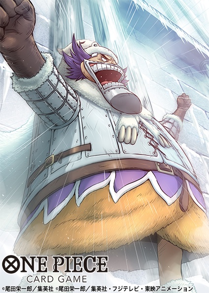 1boy armored_coat arms_up coat commentary_request copyright_name evil_smile from_below fur_coat fur_hat gloves hat kuroda_asaki looking_ahead male_focus motion_lines official_art one_piece one_piece_card_game open_mouth orange_coat purple_hair smile solo wapol