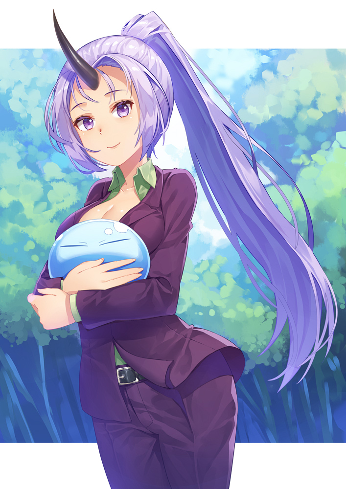 10s 1girl 1other bad_id bad_pixiv_id belt black_horns black_horns breasts cleavage collared_shirt dress_shirt forest formal_clothes green_shirt horn horns hug kibanda_gohan large_breasts light_purple_hair long_hair looking_at_viewer nature office_lady oni oni_girl oni_horn oni_horns ponytail purple_eyes rimuru_tempest shion_(tensura) shirt single_horn slime_(creature) suit tensei_shitara_slime_datta_ken very_long_hair