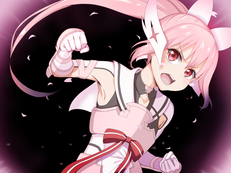 1girl armpits black_background bow clenched_hands commentary_request covered_collarbone dutch_angle falling_petals floating_hair gloves hair_ornament heikichi incoming_attack long_hair looking_at_viewer magical_girl open_mouth petals pink_hair ponytail red_bow red_eyes sailor_collar sanpaku serious sidelocks simple_background solo upper_body v-shaped_eyebrows white_gloves white_sailor_collar wing_hair_ornament yuuki_yuuna yuuki_yuuna_wa_yuusha_de_aru yuusha_de_aru