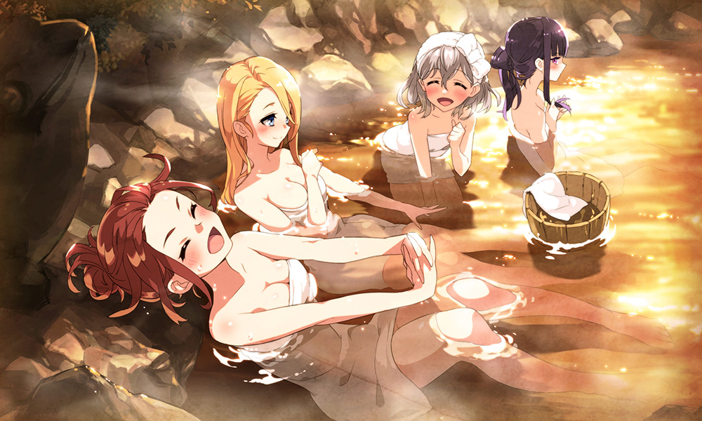 4girls ^_^ blonde_hair blush breasts cleavage closed_eyes closed_mouth facing_another forehead grey_hair hair_between_eyes hand_up hiiragi_(shinobi_nightmare) kikyou_(shinobi_nightmare) looking_at_another multiple_girls naked_towel official_art onsen open_mouth profile purple_eyes purple_hair sakura_(shinobi_nightmare) second-party_source shinobi_nightmare sitting smile ta_ga_tame_no_alchemist towel yuri_(shinobi_nightmare)
