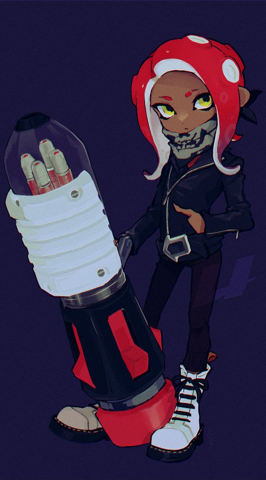1girl ballpoint_splatling_(splatoon) bandana belt black_bandana black_belt black_jacket black_pants blue_background boots closed_mouth commentary dark-skinned_female dark_skin dot_nose eyebrow_cut film_grain full_body gradient_hair hand_in_pocket holding holding_weapon imaikuy0 jacket long_hair looking_to_the_side multicolored_hair nintendo octoling_girl octoling_player_character pants partially_unzipped purple_hair red_hair skull_print solo splatoon_(series) standing suction_cups symbol-only_commentary tentacle_hair two-tone_hair weapon white_boots yellow_eyes zipper zipper_pull_tab