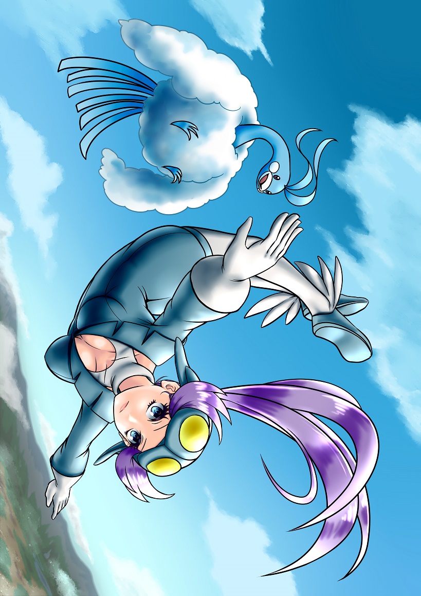 1girl altaria beak blue_feathers blue_skin blue_sky blue_unitard breasts cleavage collarbone colored_skin commentary_request dragon feathers fluffy gen_3_pokemon gloves goggles helmet long_hair long_sleeves nabe_puyo nintendo pilot_helmet pilot_suit pokemon pokemon_(creature) pokemon_oras ponytail purple_eyes purple_hair sky skydive unitard white_feathers winona_(pokemon)