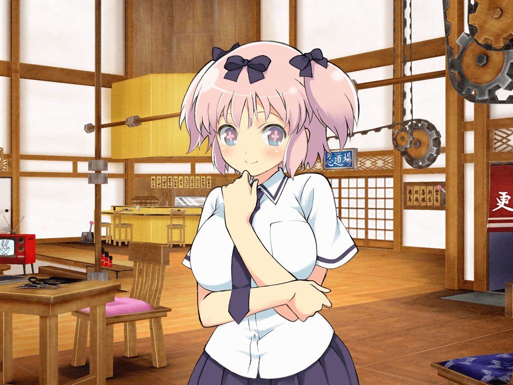 +_+ 1girl architecture arm_under_breasts blue_eyes blue_necktie blue_skirt blush bow breast_pocket breasts buttons chain chair closed_mouth crt e-hentai_sample east_asian_architecture flower-shaped_pupils gears hair_bow hanzou_academy_school_uniform hibari_(senran_kagura) image_sample large_breasts lever looking_at_viewer miniskirt necktie ninto_(senran_kagura) official_art pink_hair pink_pupils pleated_skirt pocket school_uniform senran_kagura senran_kagura_new_link senran_kagura_shoujo-tachi_no_shin&#039;ei shirt short_hair short_sleeves short_twintails shouji skirt sliding_doors smile solo symbol-shaped_pupils table twintails white_shirt wooden_chair wooden_floor wooden_table yaegashi_nan