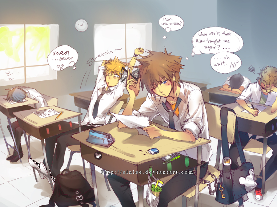 5boys alternate_costume alternate_universe backpack badge bag belt wallet_chain black_bag black_hair black_necktie black_pants blonde_hair blue_eyes blue_hair brown_hair bubble_tea button_badge cellphone checkered_clothes checkered_footwear classroom collared_shirt commentary day demyx desk drawing_(object) ein_lee elbow_rest english_commentary english_text eraser full_body hair_slicked_back hand_on_forehead hand_up headdesk holding holding_paper holding_pencil indoors key kingdom_hearts kingdom_hearts_ii layered_shirt leaning_back looking_at_another looking_down loose_necktie male_focus multiple_boys necktie one_eye_closed orange_shirt pants paper pencil pencil_case phone red_footwear roxas school school_desk school_uniform scribble shirt shoes short_hair sitting sketch sleeping sleeping_upright sleeves_rolled_up sneakers sora_(kingdom_hearts) speech_bubble spiked_hair spoken_zzz stretching studded_belt sweatdrop thought_bubble tile_floor tiles white_shirt window wing_collar wristband writing zexion zzz
