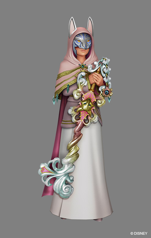 1girl 3d ava_(kingdom_hearts) cape female_focus full_body grey_background keyblade kingdom_hearts kingdom_hearts_x kingdom_hearts_x_back_cover mask official_art pink_robe pink_shoes robe shoes simple_background solo watermark