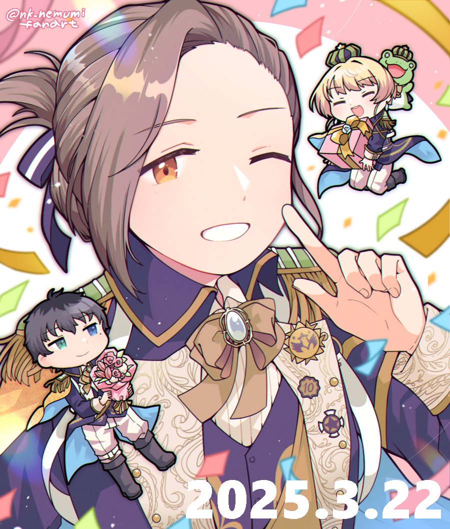 3boys birthday blue_ribbon brown_eyes brown_hair chibi chibi_inset confetti dated grin hair_ribbon idolmaster idolmaster_side-m kaerre looking_at_viewer male_focus multiple_boys nk_nemumi one_eye_closed pierre_bichelberger portrait ribbon smile takajo_kyoji twitter_username updo watanabe_minori
