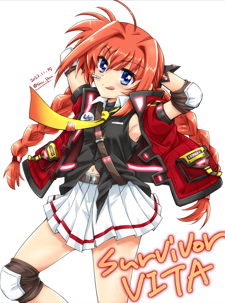 1girl armpits artist_name blue_eyes blush braid breasts dated highres long_hair looking_at_viewer lyrical_nanoha lyrical_store mahou_shoujo_lyrical_nanoha mahou_shoujo_lyrical_nanoha_a&#039;s mahou_shoujo_lyrical_nanoha_strikers miniskirt navel pleated_skirt red_hair san-pon simple_background skirt small_breasts smile solo tongue tongue_out twin_braids vita_(nanoha) white_background white_skirt
