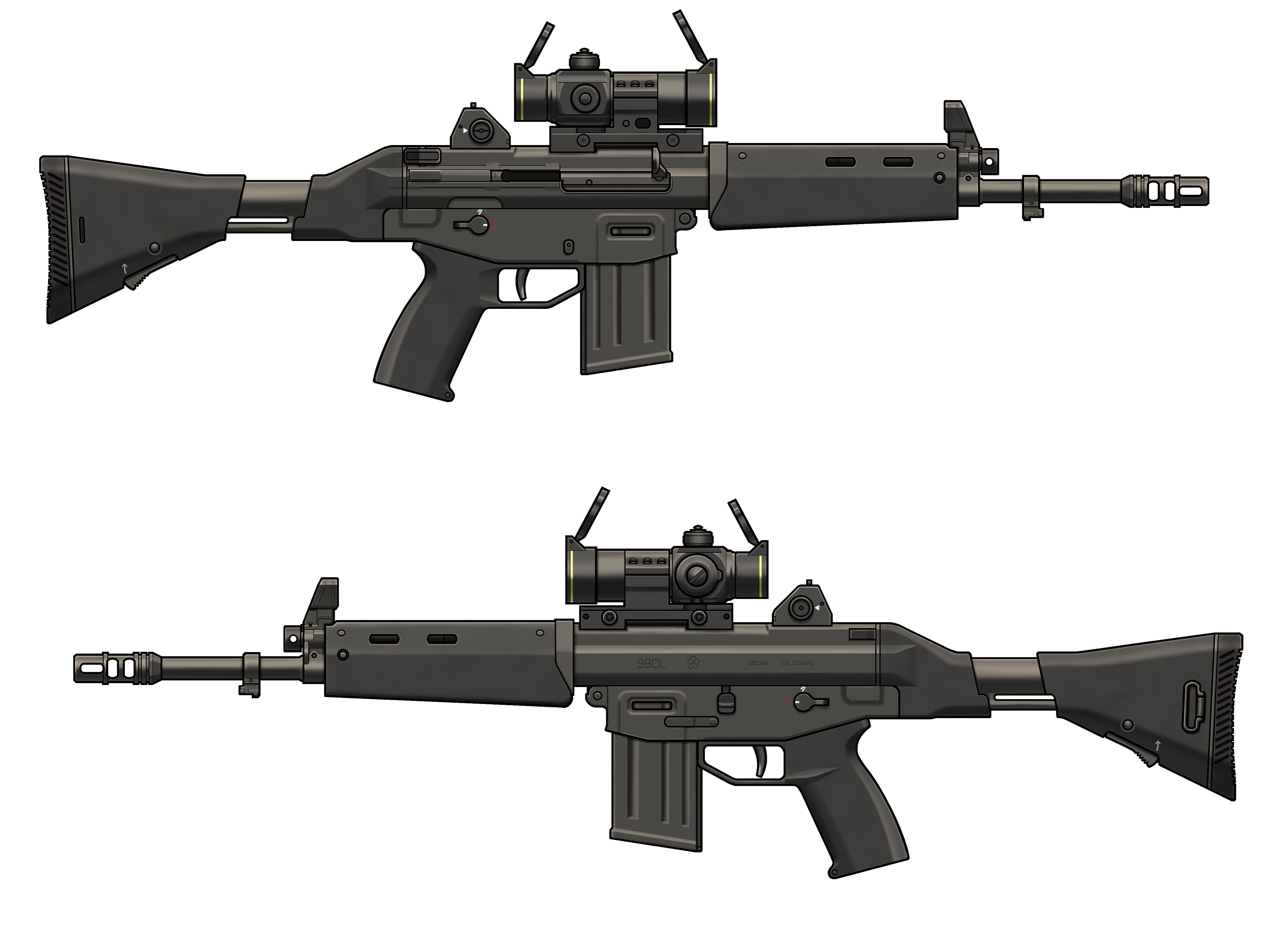 absurdres assault_rifle commentary_request from_side gun highres howa_type_89 multiple_views no_humans original rifle scope simple_background spartan56_(116_spartan56) still_life weapon weapon_focus white_background