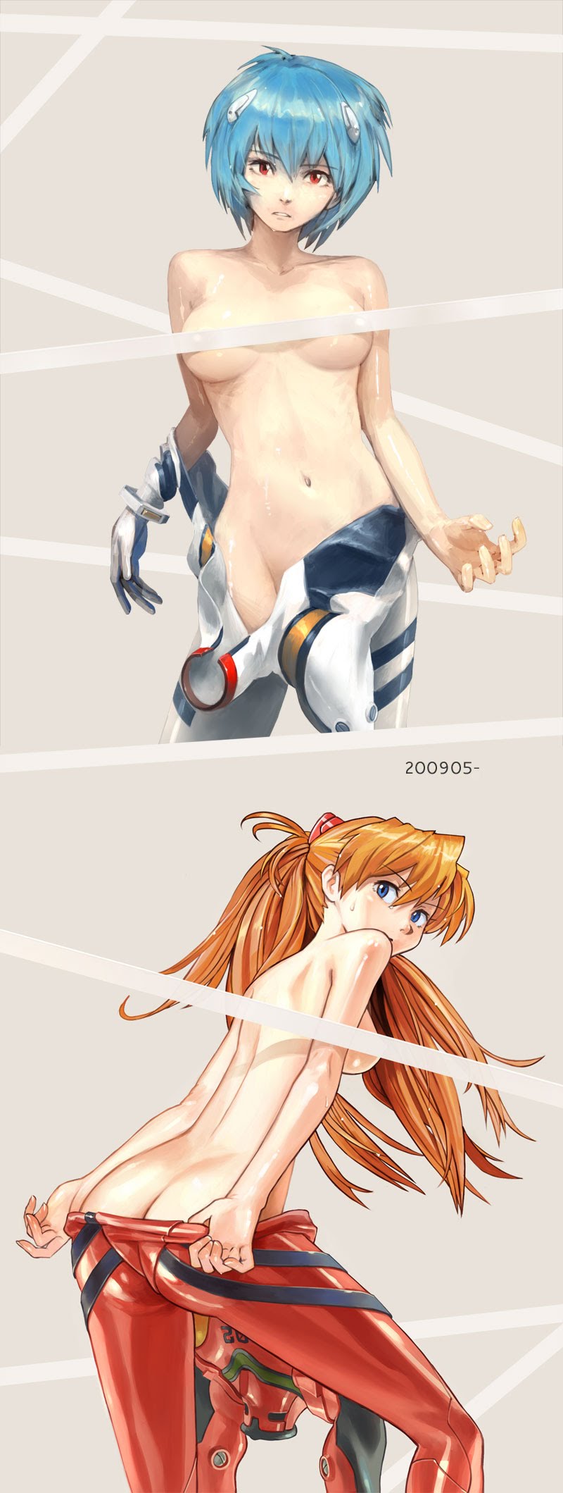 00s 2009 2girls ass ayanami_rei blue_eyes blue_hair bodysuit breasts brown_hair butt_crack censored convenient_censoring dated groin highres interface_headset_(evangelion) kiharatotsunori mecha_pilot_suit medium_breasts multiple_girls neon_genesis_evangelion orange_hair plugsuit_(evangelion) red_eyes revision sideboob small_breasts souryuu_asuka_langley sweat topless_female undressing