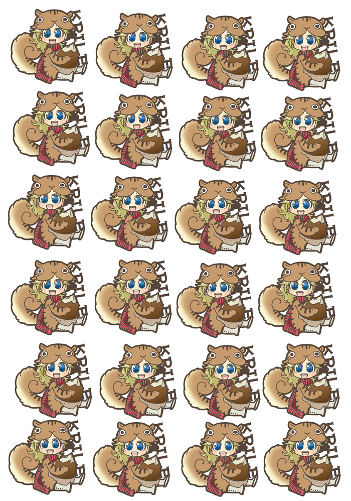1990s_(style) 1girl :d acorn akuyuu_(akuyuworld) blue_eyes blush character_name cosplay final_fantasy final_fantasy_v full_body krile_mayer_baldesion_(ff5) looking_at_viewer nutkin nutkin_(cosplay) open_mouth retro_artstyle scarf simple_background sitting smile tail tile_wallpaper tileable tiles white_background