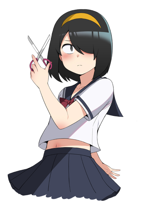 1girl arm_behind_back arm_up black_eyes black_sailor_collar black_skirt cosplay frown hair_over_one_eye headband holding holding_scissors honda_naoki jijou_wo_shiranai_tenkousei_ga_guigui_kuru. looking_to_the_side midriff navel nazo_no_kanojo_x nishimura_akane orange_headband sailor_collar school_uniform scissors serafuku shirt simple_background skirt solo upper_body urabe_mikoto urabe_mikoto_(cosplay) white_background white_shirt