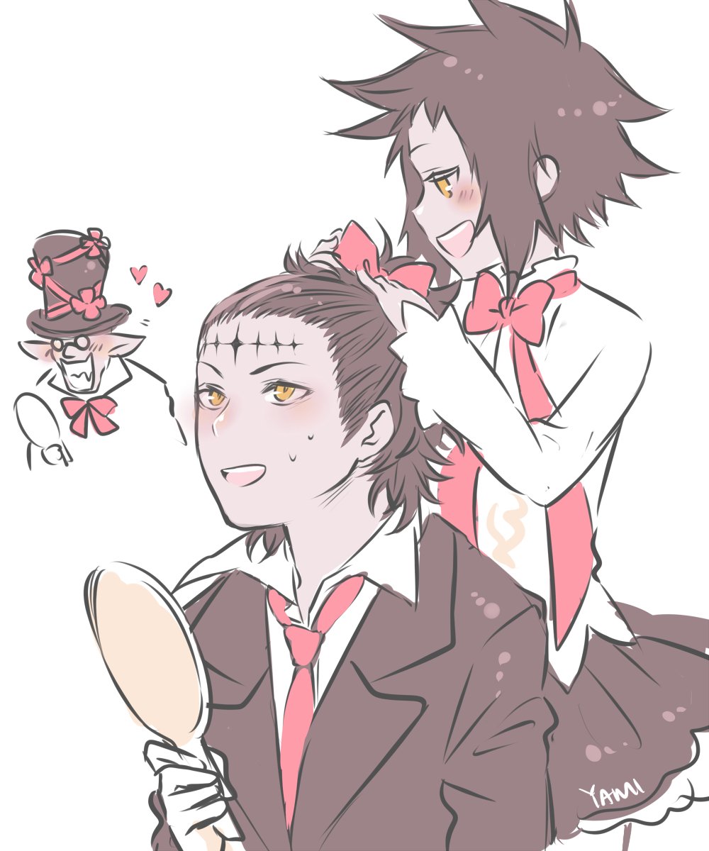1girl 2boys adjusting_another&#039;s_hair blush bow bowtie brown_hair brown_hat brown_skirt brown_suit coat collared_coat collared_shirt d.gray-man facial_mark fangs flower forehead_mark formal_clothes glasses gloves grin hair_bow hair_slicked_back hand_mirror hand_on_another&#039;s_head hat hat_flower hat_ornament hat_ribbon heart highres holding holding_mirror large_hat long_pointy_ears looking_at_another looking_at_mirror looking_up mature_male messy_hair millennium_earl miniskirt mirror multiple_boys necktie noah_(d.gray-man) open_mouth oyakorodesu pink_bow pink_bowtie pink_flower pink_necktie pink_ribbon pleated_skirt pointy_ears profile ribbon road_kamelot round_eyewear shirt short_hair sidelocks signature simple_background skirt smile spiked_hair striped_clothes striped_skirt suit sweat sweatdrop teeth tyki_mikk white_background white_coat white_gloves white_shirt yellow_eyes