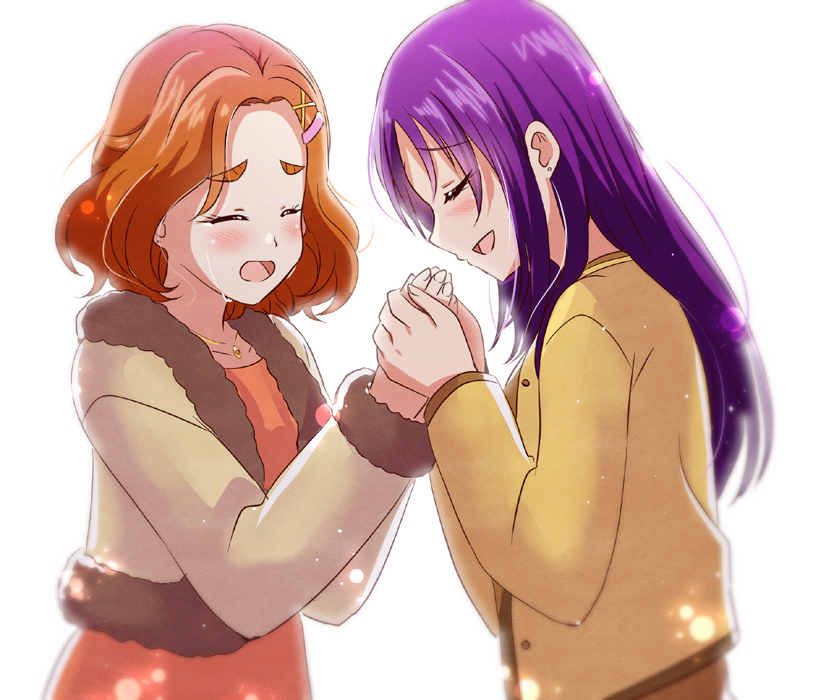 2girls blush brown_cardigan brown_coat brown_hair brown_jacket cardigan closed_eyes coat dress futari_wa_precure_splash_star hair_ornament hairclip holding_hands hyuuga_saki jacket jewelry kibou_no_chikara_otona_precure_&#039;23 long_hair long_sleeves mishou_mai mitumi_mira multiple_girls necklace open_mouth orange_dress precure purple_hair short_hair