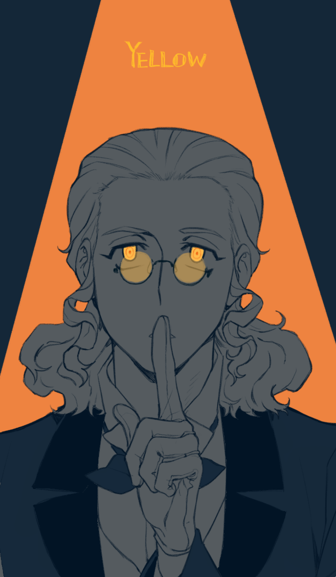 1boy bow bowtie classicaloid collared_shirt english_text finger_to_mouth forehead franz_schubert_(classicaloid) gloves jacket looking_at_viewer male_focus monochrome ringed_eyes sf_jd shirt short_hair shushing solo spot_color spotlight upper_body yellow_eyes