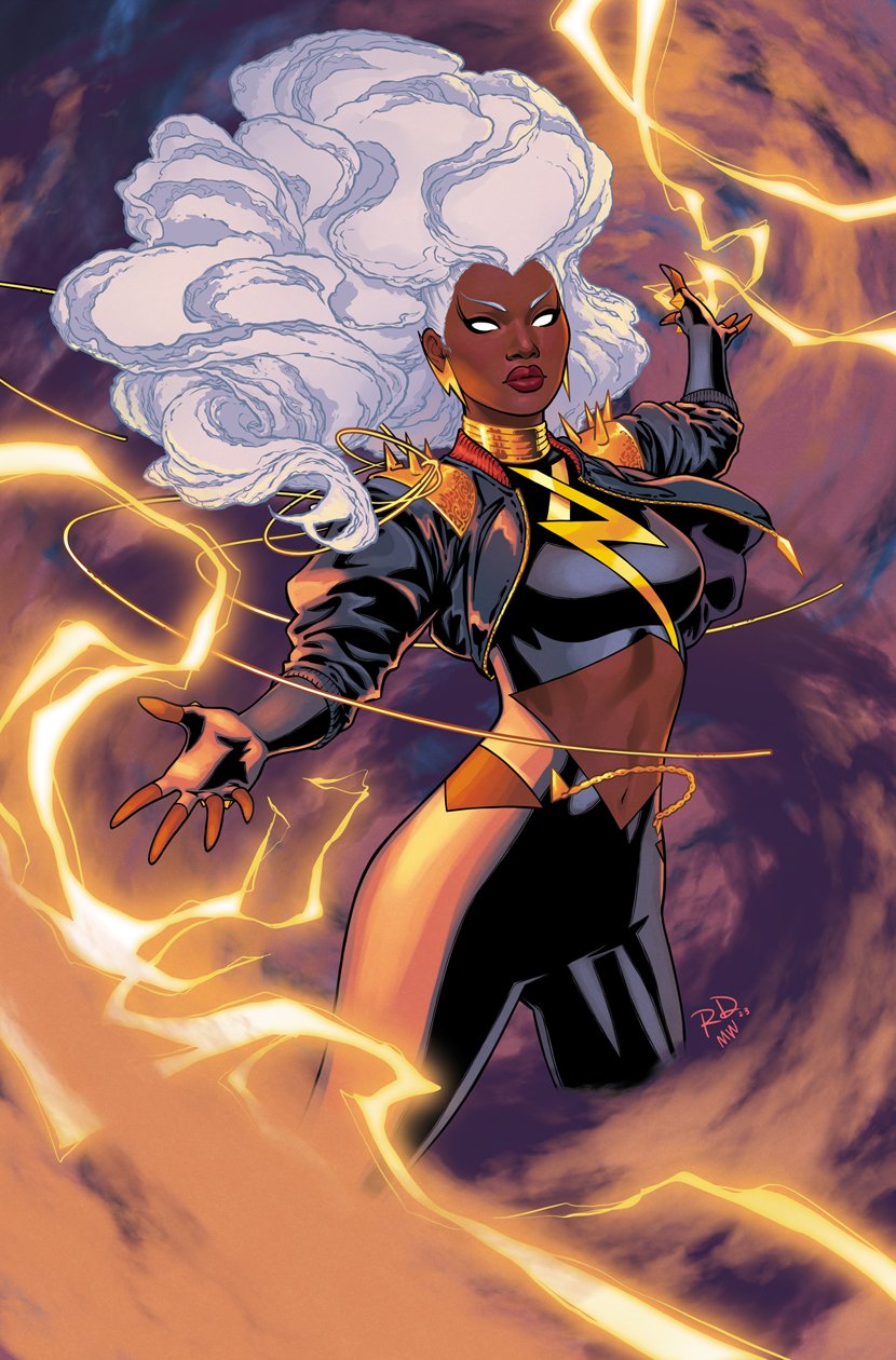 1girl big_hair black_bodysuit black_jacket blank_eyes bodysuit clothing_cutout cropped_jacket dark-skinned_female dark_skin earrings electricity electrokinesis gold gold_choker highres jacket jewelry lightning lightning_bolt_earrings lightning_bolt_print lightning_bolt_symbol long_hair looking_at_viewer marvel open_clothes open_jacket storm_(x-men) print_bodysuit russell_dauterman signature solo stomach_cutout storm_(x-men) thick_lips very_dark_skin white_hair x-men
