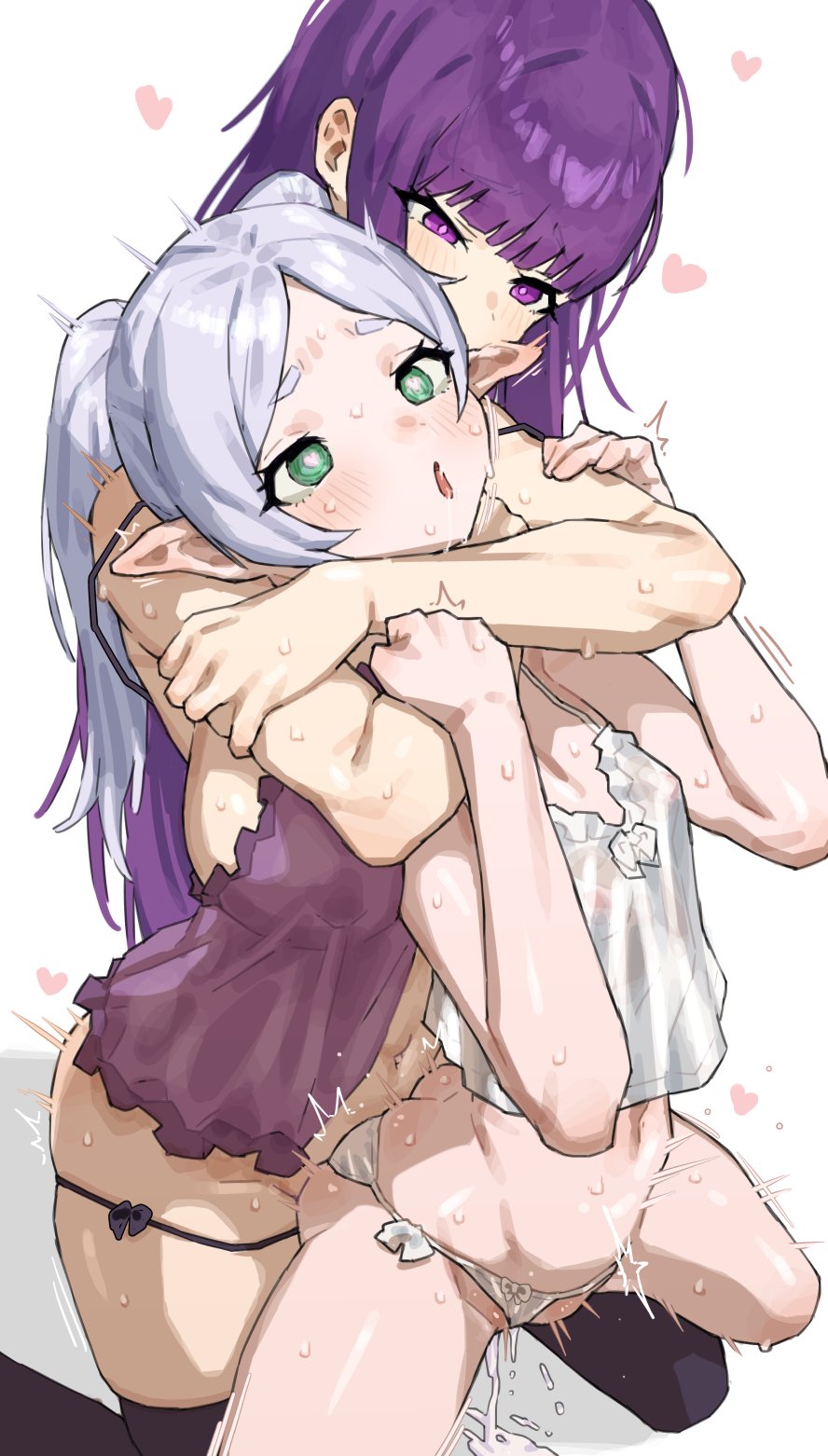 1futa 1girl arms_around_neck ass blush breasts butt_crack cum cumdrip elf fern_(sousou_no_frieren) frieren futa_with_female futanari green_eyes heart highres hug hug_from_behind implied_futanari large_breasts m_k nightgown panties pointy_ears purple_eyes purple_hair see-through_clothes sex sex_from_behind small_breasts sousou_no_frieren sweat thick_thighs thighhighs thighs underwear white_hair