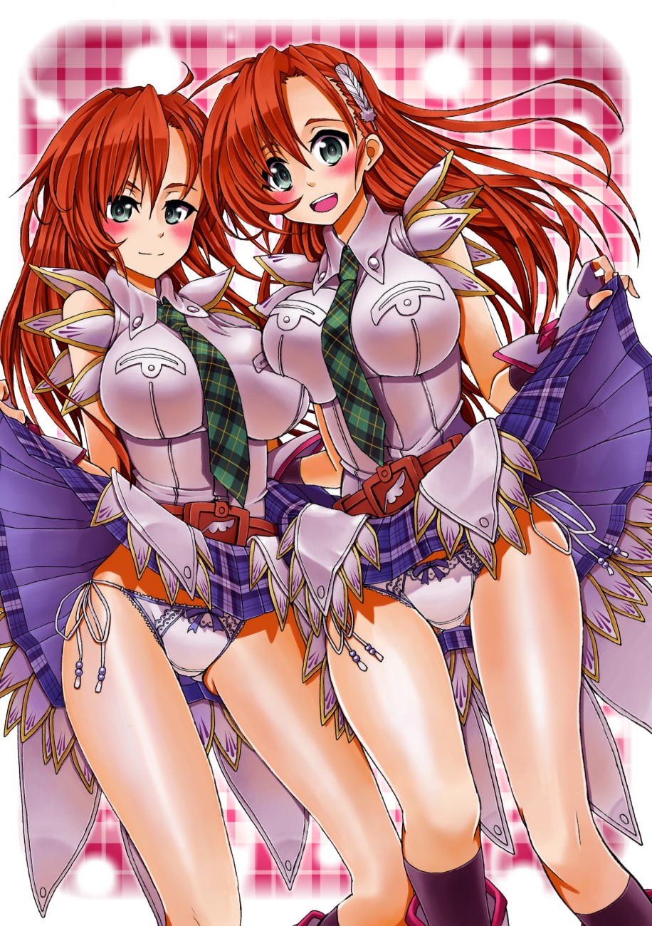 1girl azarashing_day bad_id bad_pixiv_id bandai_namco bare_shoulders belt blush breast_press breasts cliana_rimskaya clothes_lift dual_persona feather_hair_ornament feathers female_focus fingerless_gloves gloves green_eyes hair_ornament hairclip highres large_breasts long_hair looking_at_viewer necktie open_mouth orange_hair panties siblings sisters skirt skirt_lift smile socks solo super_robot_wars super_robot_wars_destiny super_robot_wars_original_generation the_2nd_super_robot_wars_og thighhighs twins underwear upskirt white_panties
