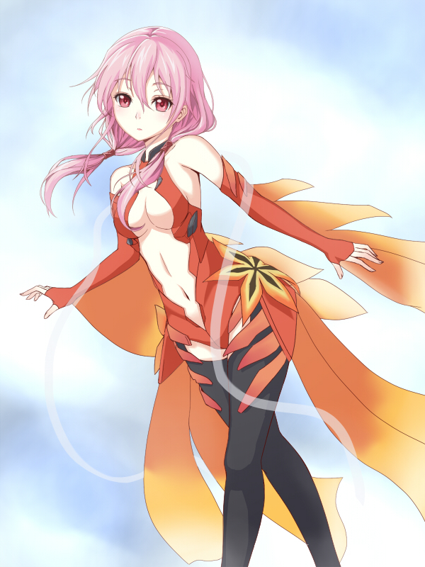 10s 1girl bare_shoulders black_legwear breasts center_opening cleavage detached_sleeves elbow_gloves female_focus fingerless_gloves gloves guilty_crown hair_ornament hairclip heikichi looking_at_viewer navel pink_hair red_eyes solo twintails yuzuriha_inori
