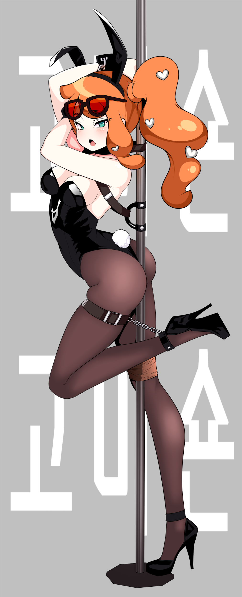 1girl :o absurdres alternate_costume animal_ears arched_back arms_behind_head arms_up ass backless_outfit bare_shoulders between_buttocks black_leotard black_pantyhose blush breasts brown_pantyhose chain cleavage commission cuffs dammit eyewear_on_head fake_animal_ears fake_tail from_side full_body green_eyes grey_background hair_ornament harness heart heart_hair_ornament high_heels highres leg_up leotard long_hair looking_at_viewer medium_breasts narrow_waist nintendo open_mouth orange_hair pantyhose playboy_bunny pokemon pokemon_swsh pole_dancing rabbit_ears shiny_clothes side_ponytail simple_background skindentation solo sonia_(pokemon) sunglasses swept_bangs tail tied_to_stake tsurime
