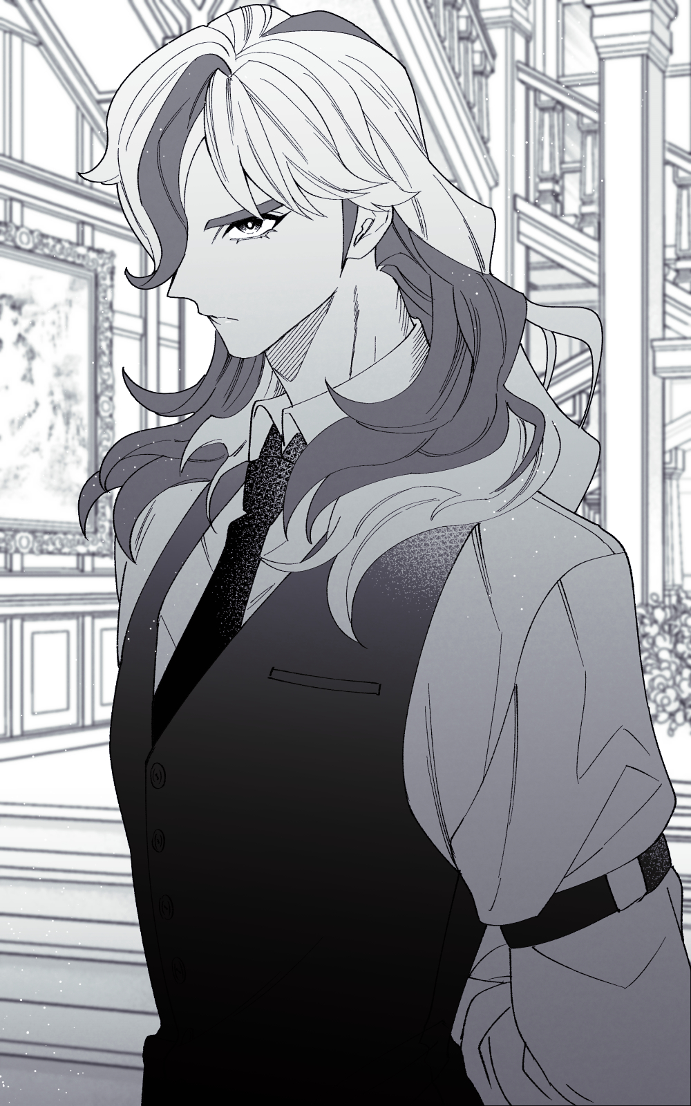 1boy arm_belt arms_behind_back arven_(pokemon) banister belt closed_mouth collared_shirt commentary_request greyscale hair_behind_ear hair_over_one_eye highres indoors long_hair long_sleeves looking_ahead male_focus monochrome multicolored_hair necktie nintendo one_eye_covered painting_(object) pillar pokemon pokemon_sv profile shirt solo stairs upper_body vest wing_collar wokome