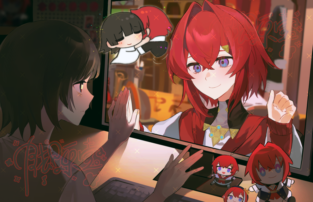 2girls ange_katrina ange_katrina_(1st_costume) brown_hair character_doll chibi chibi_inset closed_mouth computer_keyboard crossed_bangs desk doll hair_between_eyes hair_intakes hair_ornament hands_up hug imagining jiaolebao light_blush looking_at_another medium_hair monitor multiple_girls nijisanji palms_together purple_eyes red_hair sanbaka_anniversary_outfit short_hair smile through_medium through_screen triangle_hair_ornament virtual_youtuber watermark watermark_grid