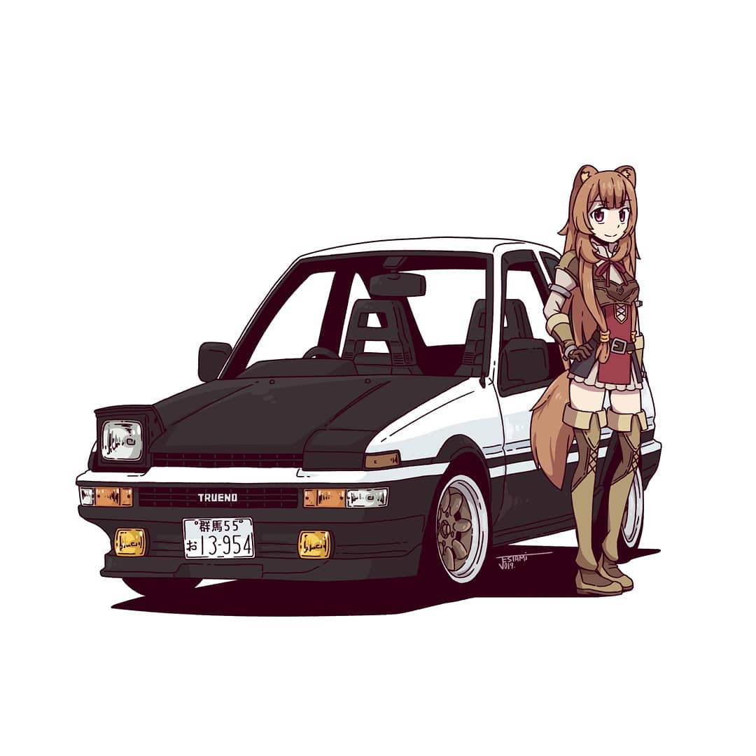 1girl animal_ears arm_guards belt boots brown_belt brown_boots brown_gloves brown_hair car closed_mouth commentary dress english_commentary gloves hand_on_own_hip jestami knee_boots license_plate long_hair looking_at_viewer motor_vehicle neck_ribbon pop-up_headlights raccoon_ears raccoon_girl raccoon_tail raphtalia red_dress red_ribbon ribbon short_dress simple_background single_pop-up_headlight solo tail tate_no_yuusha_no_nariagari toyota toyota_sprinter_trueno vehicle_focus white_background