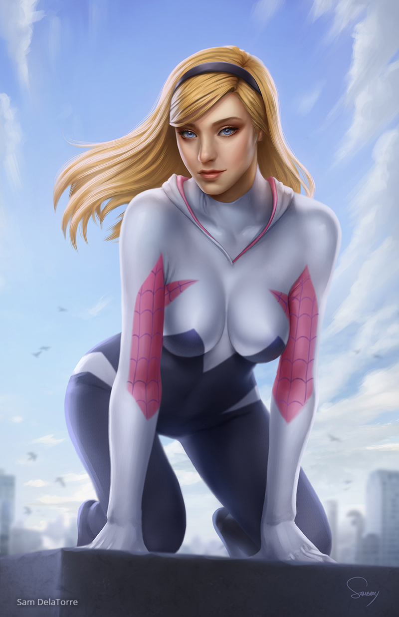 1girl all_fours artist_name bird blonde_hair blue_eyes blue_sky blurry bodysuit breasts building cloud day depth_of_field female_focus gwen_stacy hairband highres hood hood_down hooded_bodysuit impossible_bodysuit impossible_clothes marvel medium_breasts sam_delatore sky solo spider-gwen spider-man_(series) superhero_costume