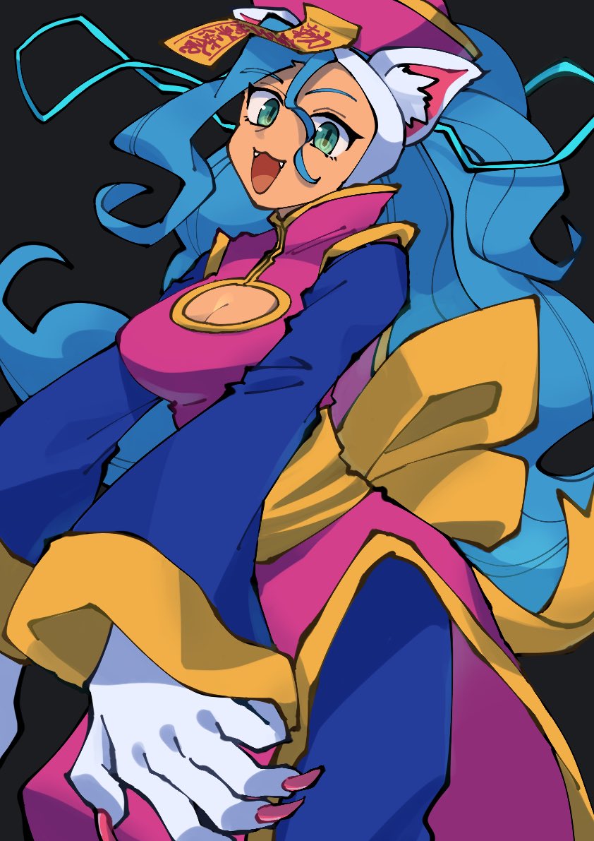 1girl animal_ears animal_hands blue_hair breasts cat_ears cat_tail cleavage_cutout clothing_cutout cosplay darkstalkers felicia_(darkstalkers) green_eyes hat hsien-ko_(cosplay) large_breasts hsien-ko long_hair long_sleeves oushiza_towel pants tail very_long_hair white_fur wide_sleeves