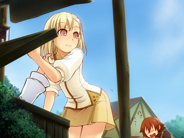 1boy 1girl blonde_hair caryo miniskirt raguna rosetta rune_factory rune_factory_1 rune_factory_frontier short_hair skirt takeda_yukimura