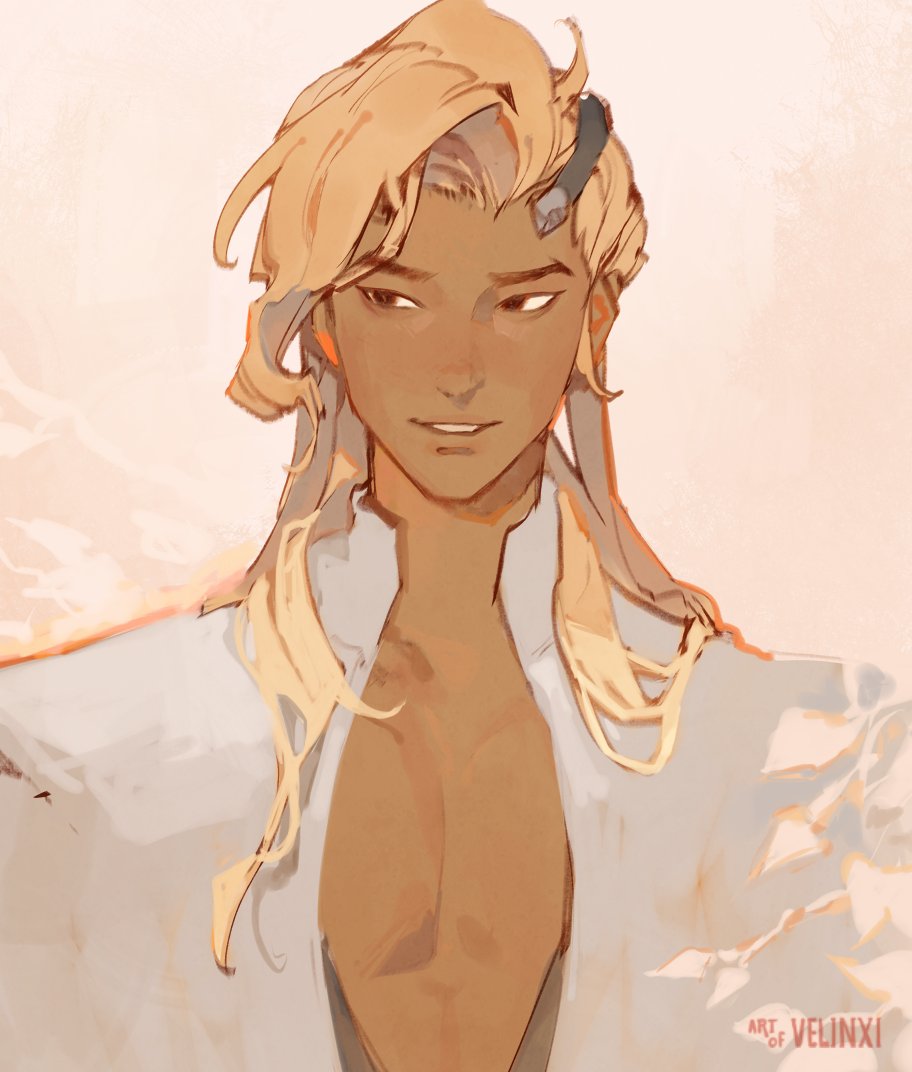 1boy bishounen blonde_hair brown_eyes collared_shirt commentary curtained_hair dark-skinned_male dark_skin english_commentary forked_eyebrows lifeweaver_(overwatch) long_hair looking_to_the_side male_focus open_clothes open_shirt overwatch parted_lips shirt sideways_glance smile solo twitter_username upper_body velinxi white_shirt