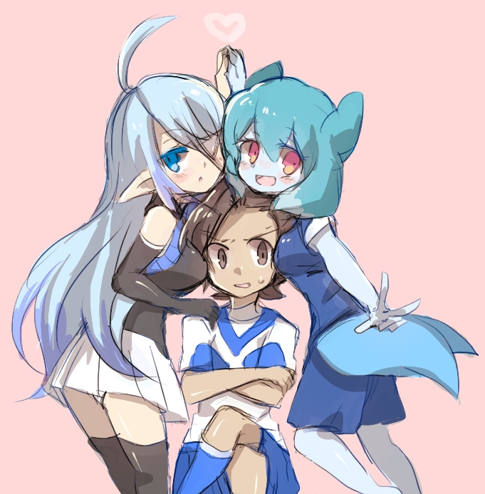 10s 1boy 2girls bad_id bad_pixiv_id black_legwear blue_eyes blue_hair blue_skin blush breasts brown_eyes colored_skin crossed_arms crossed_legs elbow_gloves gloves heart hilary_flail inazuma_eleven_(series) inazuma_eleven_go inazuma_eleven_go_galaxy long_hair looking_at_viewer matatagi_hayato multicolored_hair multiple_girls nankai open_mouth pointy_ears powai_pichori purple_hair shinsei_inazuma_japan simple_background sitting soccer_uniform sportswear sweat thighhighs two-tone_hair v