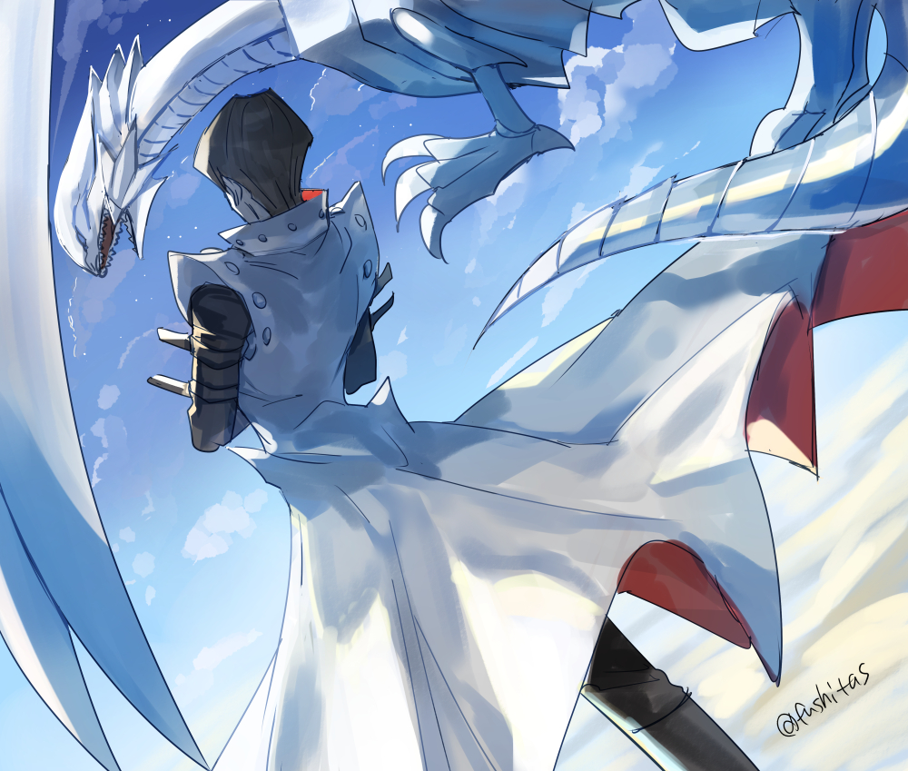 1boy black_pants blue-eyes_white_dragon blue_sky brown_hair coat commentary_request crossed_arms duel_monster facing_away fushitasu kaiba_seto male_focus pants sharp_teeth short_hair signature sky standing teeth twitter_username white_coat yu-gi-oh! yu-gi-oh!_duel_monsters
