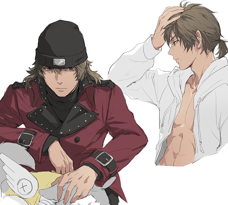 1boy abs adam&#039;s_apple animal aragaki_shinjirou arm_belt bare_pectorals beanie belt belt_buckle black_belt black_hat black_shirt brown_eyes brown_hair buckle coat collarbone cropped_torso dog drawstring fake_wings hair_up hand_on_another&#039;s_head hand_on_own_head hat hood hood_down hooded_shirt isa_(peien516) koromaru_(persona) lapels layered_sleeves long_sleeves looking_ahead male_focus multiple_views open_clothes open_shirt parted_lips pectorals persona persona_3 petting ponytail red_coat shirt short_ponytail simple_background sweat sweater_vest turtleneck vest white_background white_shirt wings yellow_sweater_vest