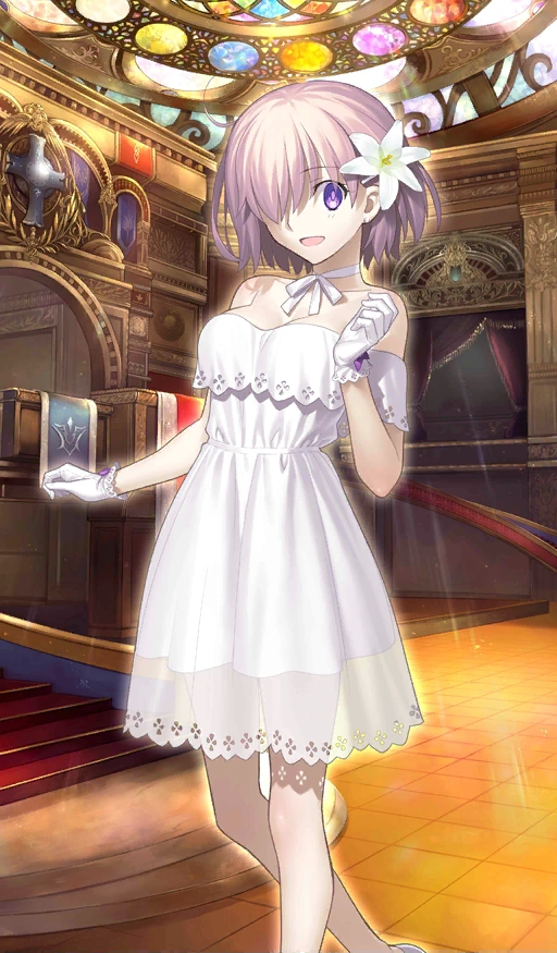 1girl :d bare_shoulders choker collarbone craft_essence_(fate) dress fate/grand_order fate_(series) flower gloves hair_flower hair_ornament hair_over_one_eye heroic_spirit_formal_dress indoors lily_(flower) looking_at_viewer mash_kyrielight mash_kyrielight_(formal_dress) official_alternate_costume official_art open_mouth purple_eyes purple_hair ribbon_choker see-through_clothes short_dress short_hair smile solo standing takeuchi_takashi white_dress white_gloves white_neckwear