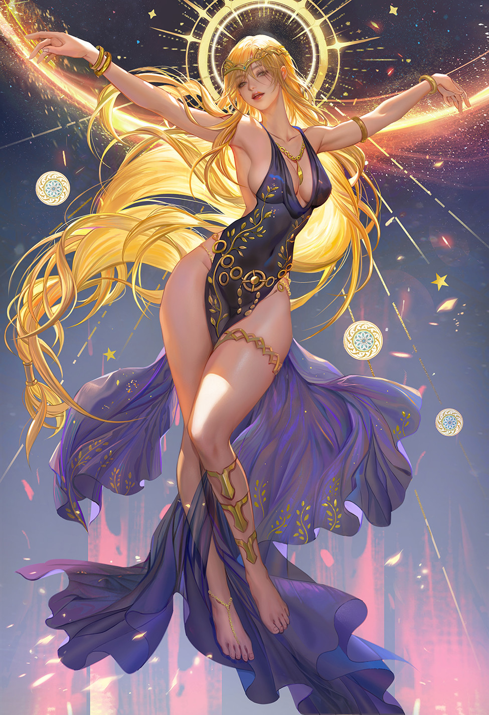 1girl armband armpits arms_up aura bad_link belt blonde_hair bracelet braid breasts cleavage collarbone crown elden_ring fan_yang_(jiuge) hairband highres jewelry large_breasts legband long_eyelashes long_hair looking_at_viewer navel necklace open_mouth queen_marika_the_eternal shiny_skin sideboob star_(sky) star_(symbol) thick_eyebrows tiara yellow_eyes