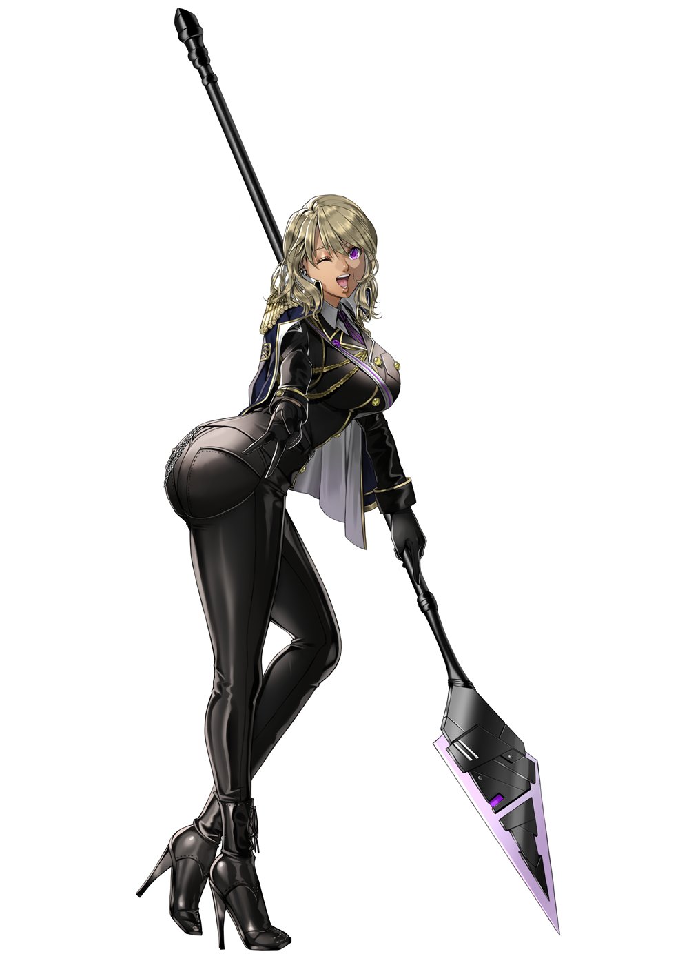 1girl ass black_gloves black_pants blonde_hair boots breasts commentary_request commission dark-skinned_female dark_skin delsaber epaulettes from_side full_body gloves high_heel_boots high_heels highres holding holding_weapon large_breasts lips long_hair long_sleeves looking_at_viewer necktie one_eye_closed open_mouth original pants polearm purple_eyes shiny_clothes simple_background skin_tight smile solo spear teeth weapon white_background