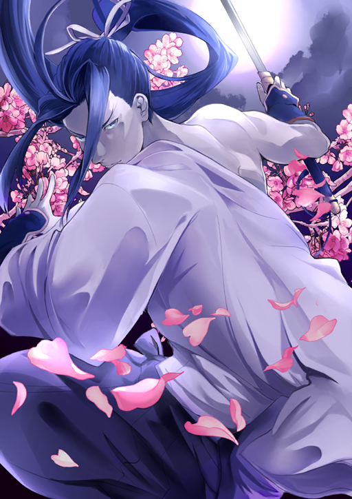 1boy azuazuazu19 closed_mouth cloud curtained_hair dynamic_pose fate/grand_order fate_(series) feet_out_of_frame flower full_moon hadanugi_dousa hair_ribbon hakama hakama_pants holding holding_sword holding_weapon japanese_clothes katana kimono long_hair long_sleeves looking_at_viewer male_focus monohoshizao_(fate) moon night official_art open_kimono pants pink_flower pink_petals ponytail purple_hair purple_hakama purple_kimono purple_ribbon purple_theme ribbon sasaki_kojirou_(fate) sidelocks single_bare_shoulder solo sword third-party_source weapon wide_sleeves