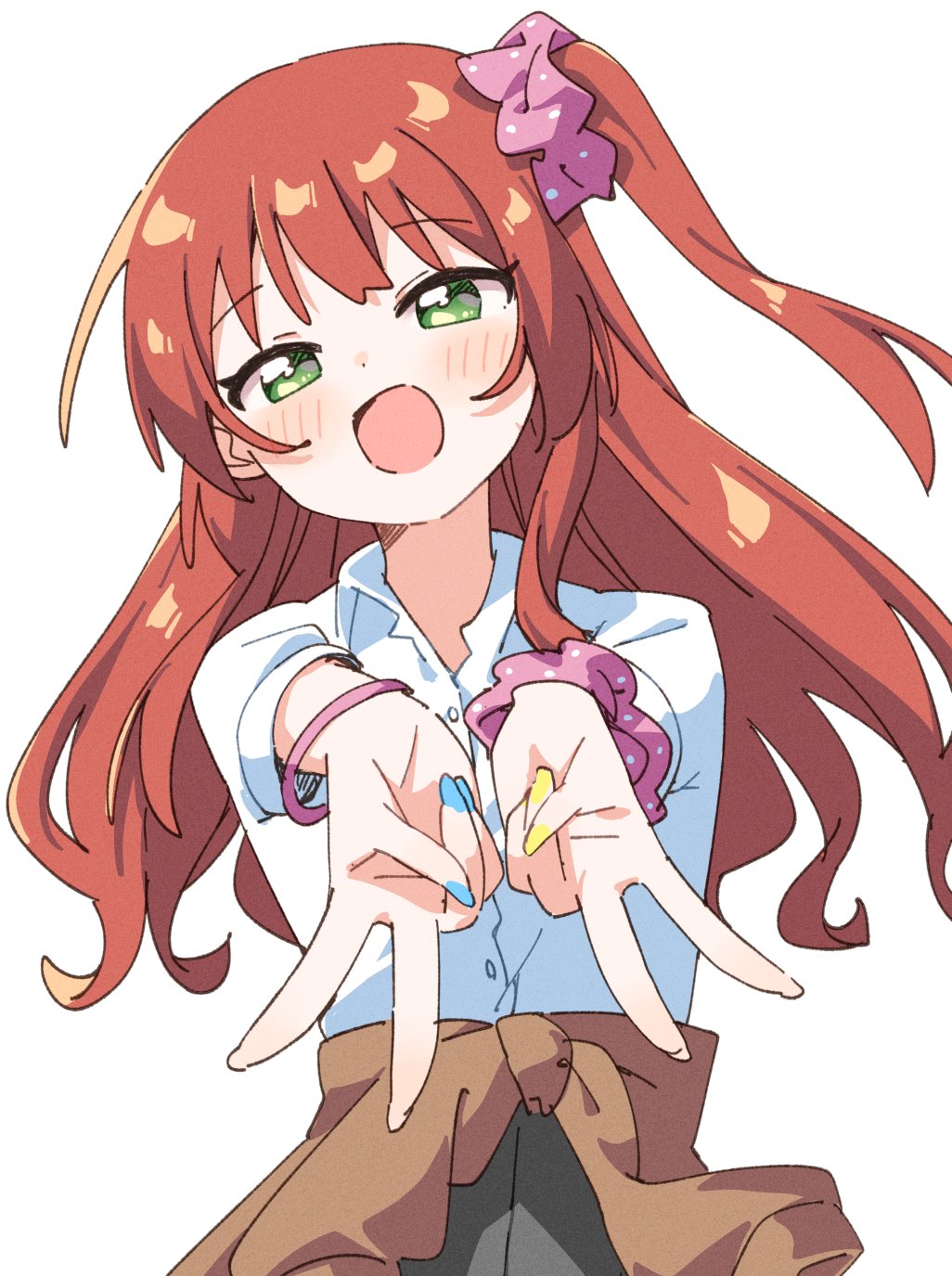1girl :d alternate_costume bangle blush bocchi_the_rock! bracelet brown_jacket clothes_around_waist commentary double_gyaru_v green_eyes gyaru gyaru_v hair_ornament hair_scrunchie haru_(konomi_150) highres jacket jacket_around_waist jewelry kita_ikuyo kogal long_hair looking_at_viewer one_side_up open_mouth pink_scrunchie red_hair scrunchie shirt simple_background smile solo v white_background white_shirt wrist_scrunchie