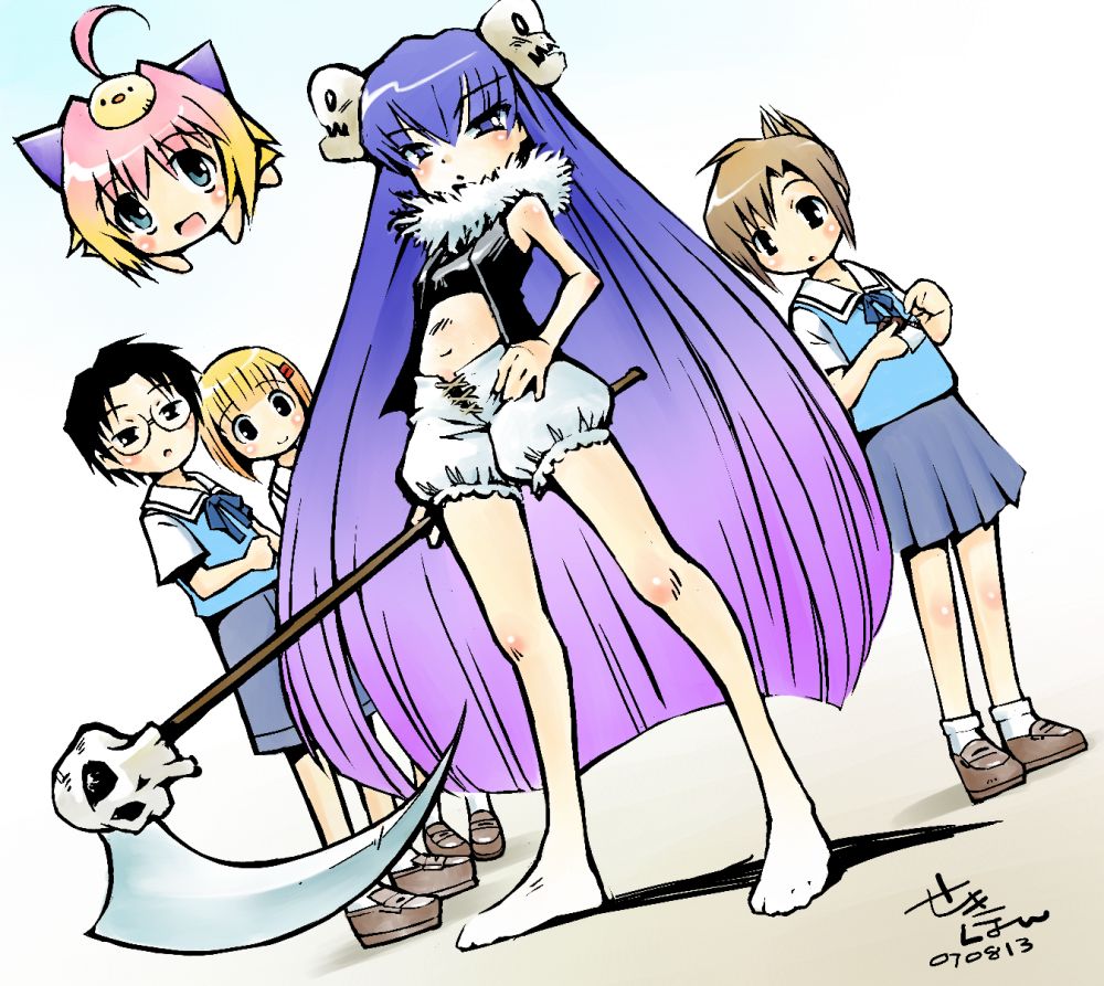 00s 1boy 4girls aged_up ahoge barefoot big_hair bloomers gradient_hair guchuko hand_on_own_hip long_hair moriyama_sunao multicolored_hair multiple_girls natsu_mikan potemayo potemayo_(character) scythe sekihan skull takamimori_kyo takamimori_kyou underwear very_long_hair white_bloomers