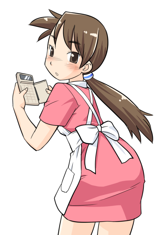 1girl apron artist_request back_bow bow brown_eyes brown_hair calculator check_artist cowboy_shot dress from_behind futaba_channel hinemosu_notari holding legs_apart looking_back low_ponytail modoi nijiura_maids pink_dress ponytail short_sleeves simple_background solo standing third-party_source waitress white_apron white_background white_bow