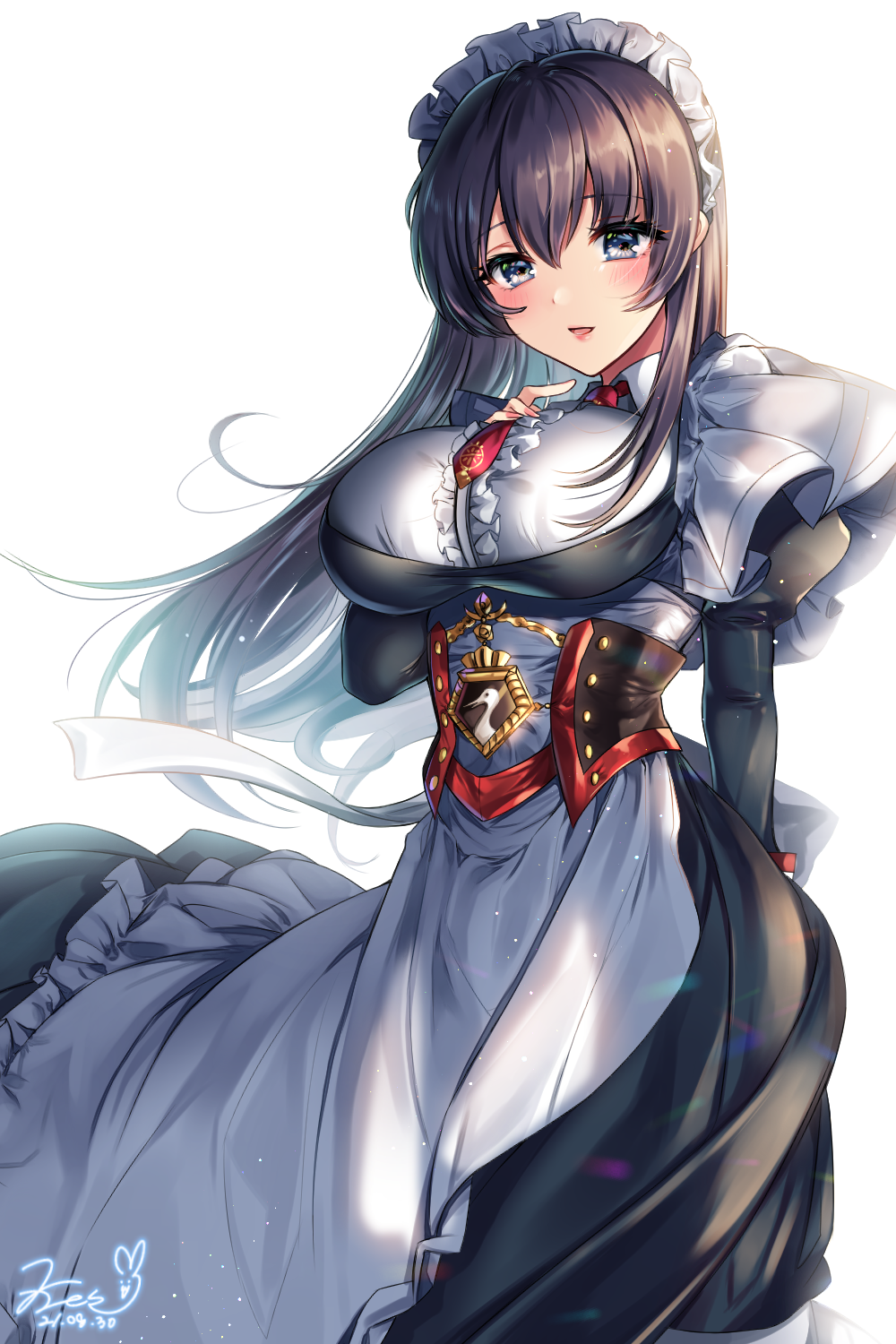 1girl apron azur_lane black_dress blue_eyes breasts brown_hair center_frills commission curacoa_(azur_lane) dated dress frilled_apron frilled_hairband frills hairband highres large_breasts long_hair looking_at_viewer maid_headdress necktie pixiv_commission red_necktie signature simple_background solo white_apron white_background xes_(xes_5377)