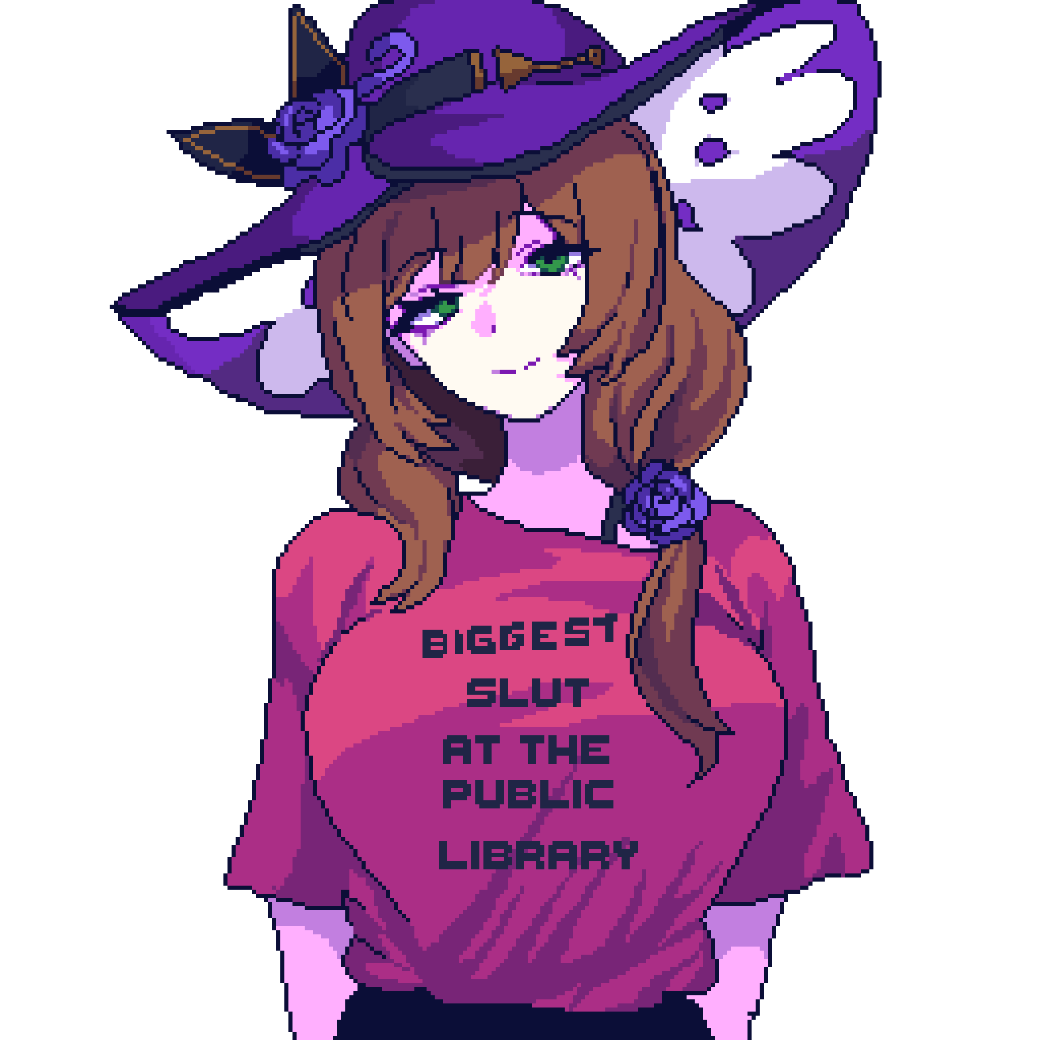 1girl breasts brown_hair flower genshin_impact green_eyes hair_ornament hat highres lisa_(genshin_impact) long_hair looking_at_viewer pixelcadete red_shirt shirt smile solo upper_body witch_hat