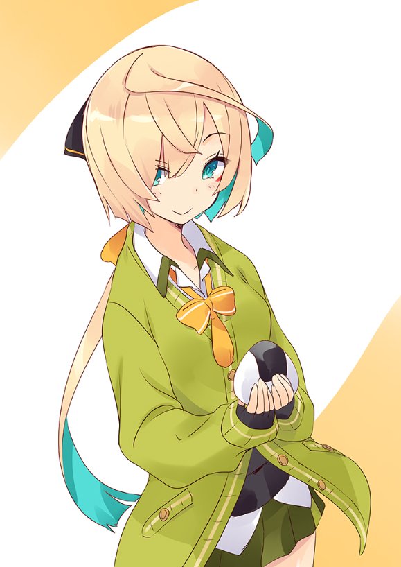 1girl :&gt; aqua_eyes aqua_hair blonde_hair bow bowtie cardigan closed_mouth commentary fingerless_gloves food gloves green_cardigan green_skirt hair_bow holding holding_food inaba_gou_(tenka_hyakken) long_hair long_sleeves looking_at_viewer low_ponytail multicolored_hair onigiri ponytail skirt smile solo swept_bangs tassel tenka_hyakken two-tone_hair usatsuka_eiji wing_collar yellow_bow yellow_bowtie