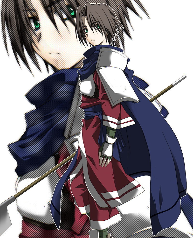 1boy armor bad_id bad_pixiv_id benawi brown_hair cape gloves gomatta green_eyes halberd male_focus parted_bangs polearm solo utawarerumono weapon