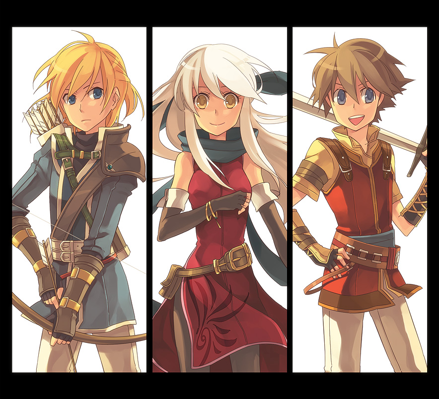 1girl 2boys :d arrow_(projectile) bangle bare_shoulders belt black_gloves black_pantyhose blonde_hair blue_eyes blue_scarf bow_(weapon) bracelet brown_hair dress edward_(fire_emblem) elbow_gloves fingerless_gloves fire_emblem fire_emblem:_radiant_dawn gloves hair_ribbon half_updo jewelry leonardo_(fire_emblem) long_hair micaiah_(fire_emblem) multiple_boys nintendo open_mouth pants pantyhose quiver ribbon scarf serious shiki_(shikki46) side_slit silver_hair simple_background sleeveless sleeveless_dress smile sword weapon white_background white_pants yellow_eyes