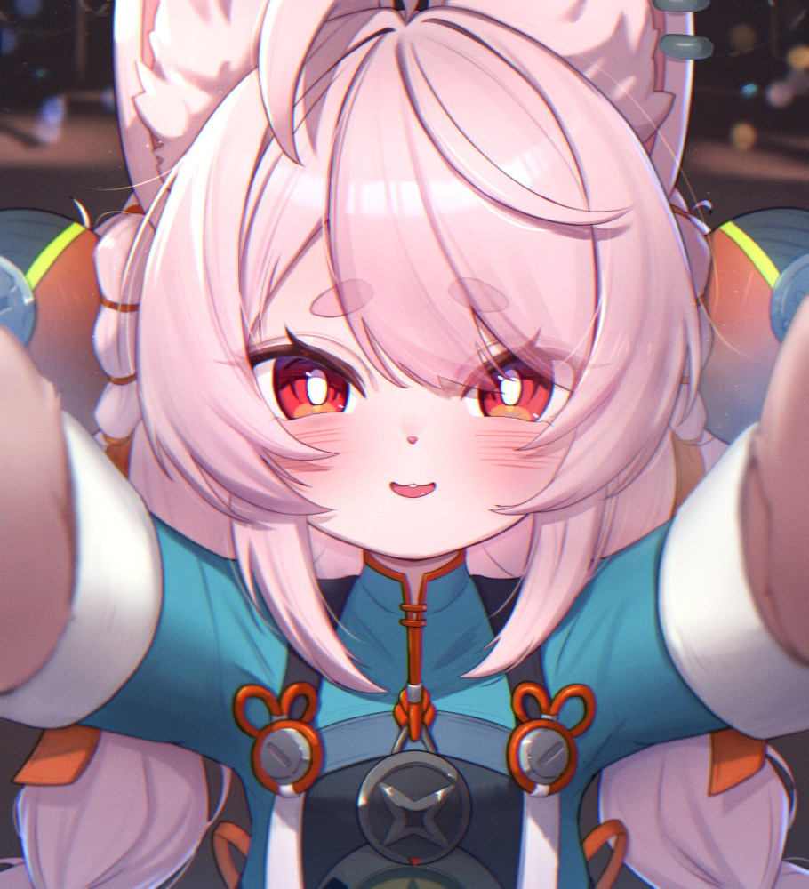1girl animal_ear_fluff animal_ears blush braid commentary_request furry furry_female hair_ornament long_hair long_sleeves looking_at_viewer open_mouth pink_hair red_eyes revision solo sphere_hair_ornament thick_eyebrows twin_braids uneg zenless_zone_zero zhao_(zenless_zone_zero)