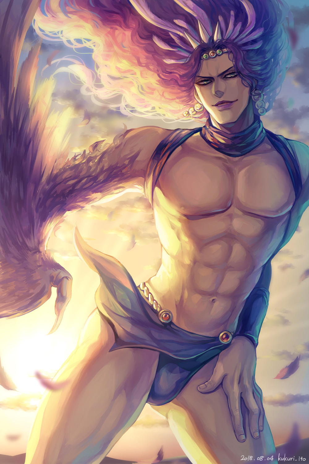 1boy abs asymmetrical_wings battle_tendency black_choker black_panties choker cowboy_shot dyresbroom earrings feathered_wings highres horns jewelry jojo_no_kimyou_na_bouken kars_(jojo) long_hair morning muscular panties parted_lips pectorals pelvic_curtain purple_hair single_bracer sunlight tiara underwear wings yellow_eyes