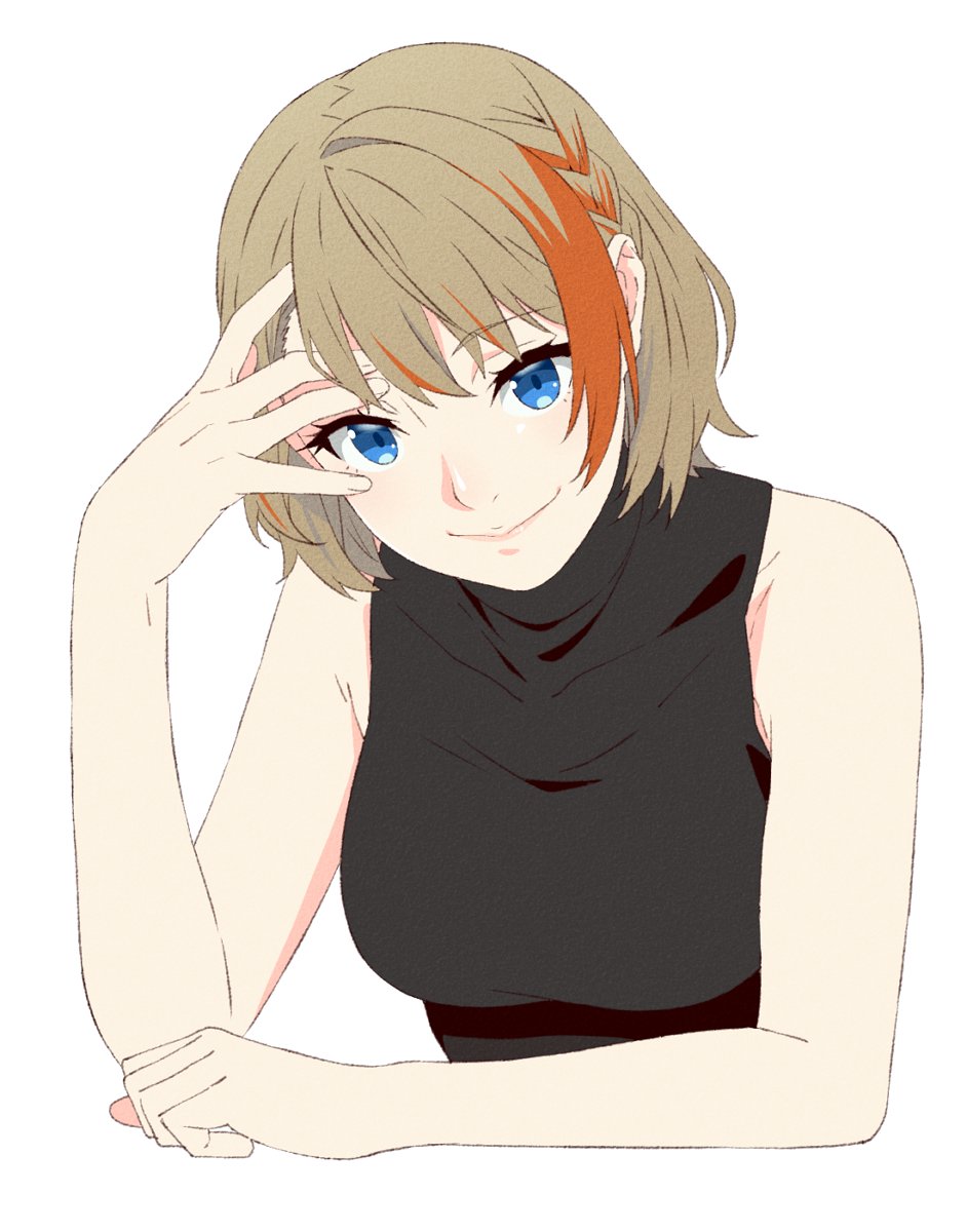 1girl akitetsu black_shirt blue_eyes braid breasts closed_mouth cropped_torso hand_on_forehead highres light_brown_hair looking_at_viewer medium_breasts multicolored_hair nanashi_inc. official_alternate_costume orange_hair shirt short_hair simple_background sleeveless sleeveless_shirt smile solo touri_sei touri_sei_(2nd_costume) turtleneck turtleneck_shirt two-tone_hair upper_body virtual_youtuber white_background